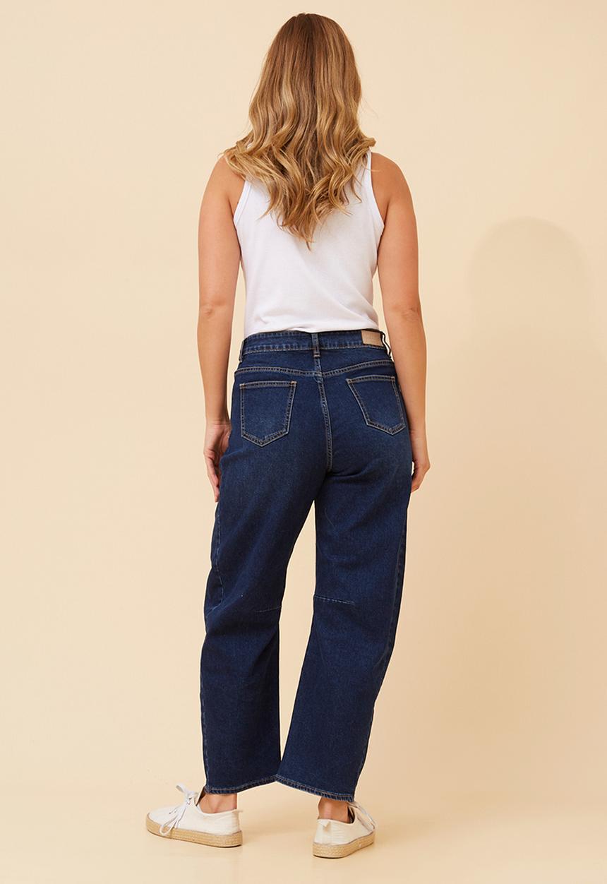 Mandi Womens Mid Waist Barrel Denim Jeans In Blue