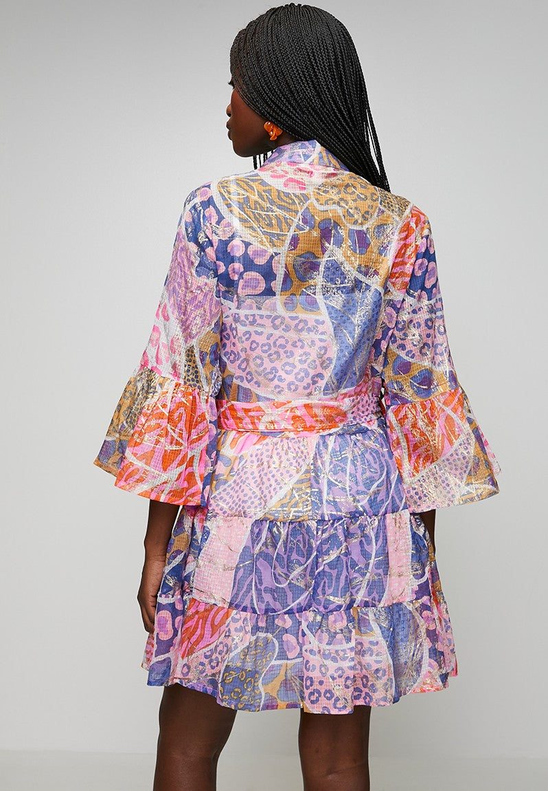 Stella Morgan Half Sleeve With Flutter Button Dress In Orange Multi