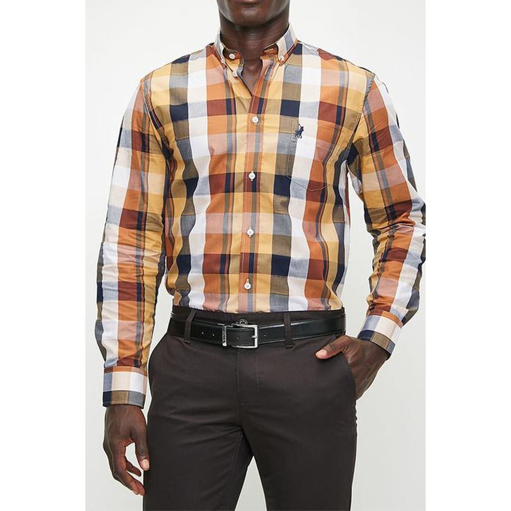 Polo Mens Easy Care Bold Check Long Sleeve Shirt In Orange