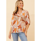 Izabel London Half Sleeve Batwing Printed Sheer Blouse Back Button In Orange