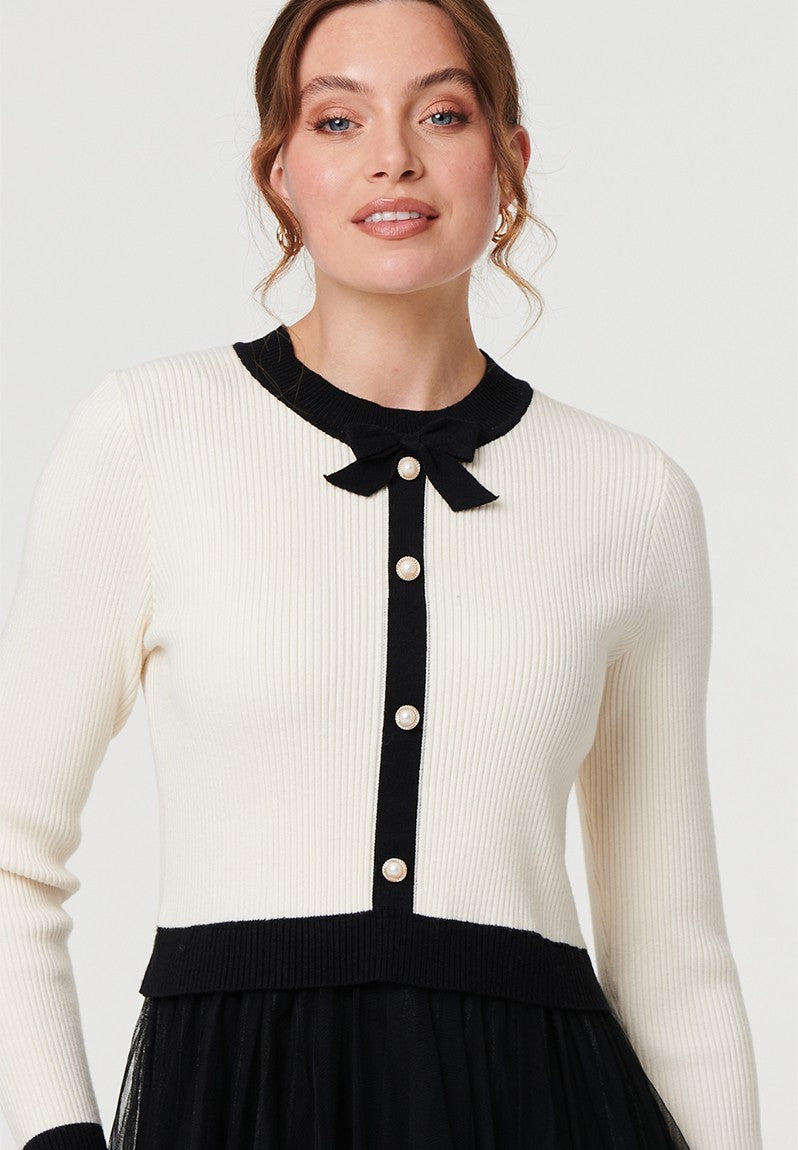 Stella Morgan Long Sleeve Combination Dress With Knitted In Black & White