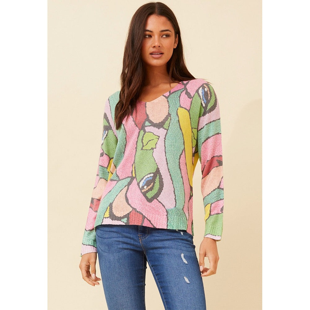 Mandi Viscose Blend Long Sleeve Neck Knitwear Top In Pink Multi