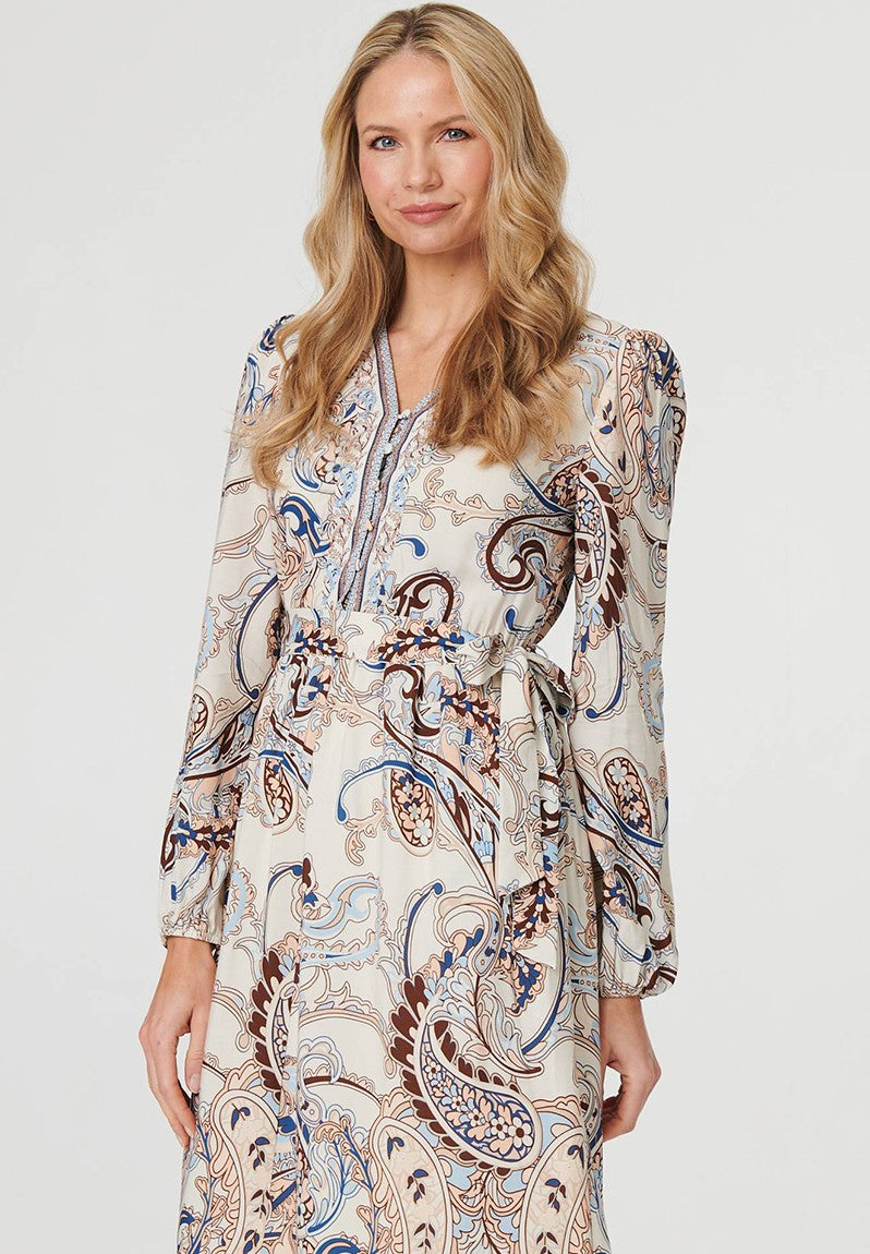 Stella Morgan Long Sleeve With Elastic At Cuff V-Neck Dress In Multi
