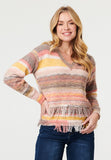 Mandi Long Sleeve V-Neck Ombre Effect Sweater With Fray In Multi