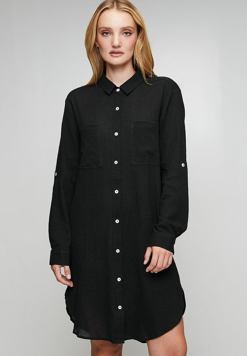 Izabel London Long sleeve Button Through Shirt Dress In Black