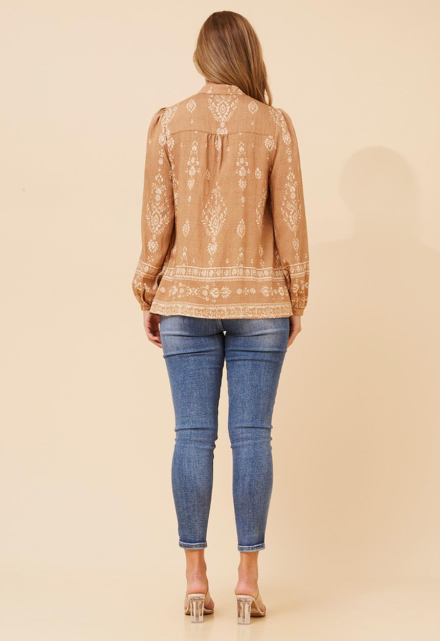 Mandi Womens Long Easy Wearing Printed Blouse  In Beige