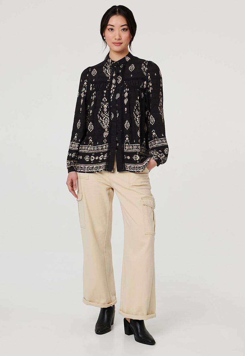 Mandi Womens Long Sleeve Easy Wearing Printed Blouse In Black
