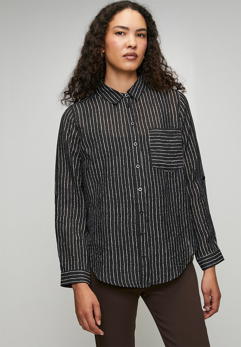 Stella Morgan Long Sleeve Button Through Sheer In Black
