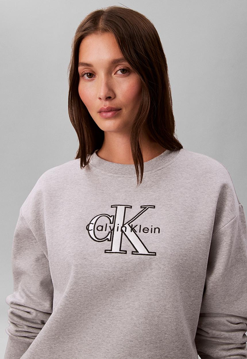 Calvin Klein Ladies Foil Monologo French Terry Relaxed Sweatshirt In Grey
