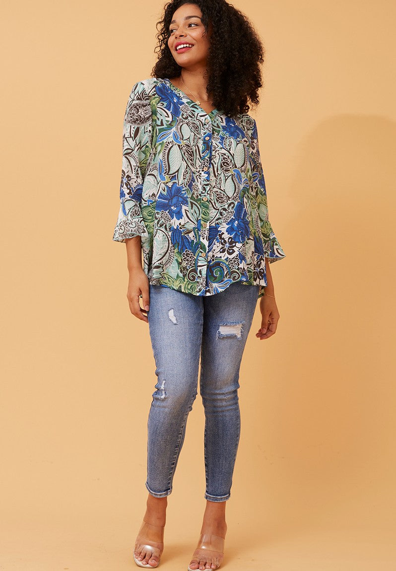 Stella Morgan 3/4 Sleeve Flutter V-Neck Button Through Sheer Blouse In Blue