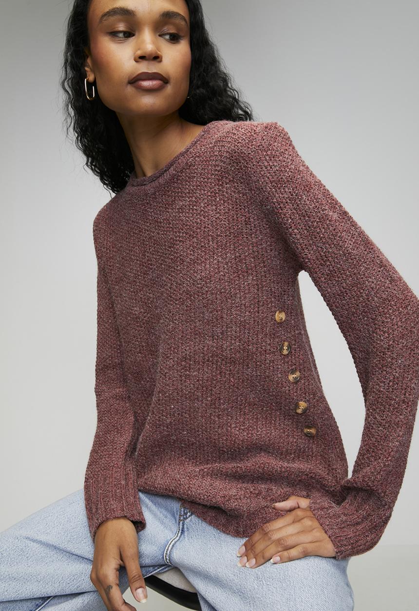Mandi Womens Crew Neck Sweater With Side Buttons In Plum