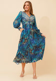 Stella Morgan Long Sleeve V-Neck Sheer Maxi Dress In Blue
