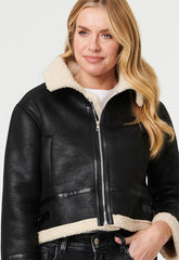 Mandi Womens Long Sleeve Sherpa Cropped Jacket In  Black