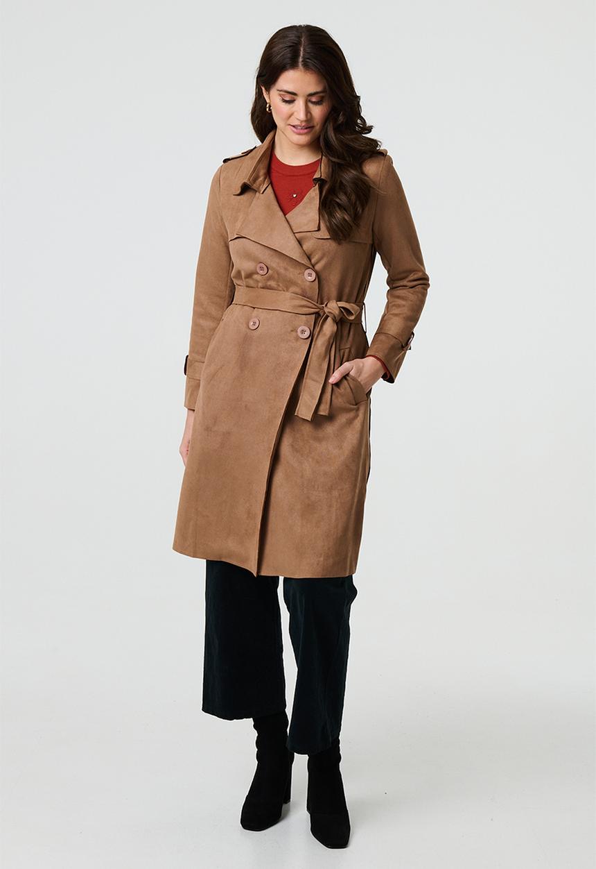 Izabel London Womens Faux Suede Trench In Camel