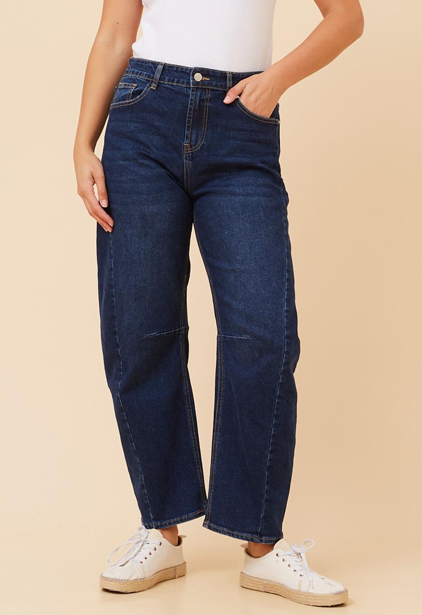Mandi Womens Mid Waist Barrel Denim Jeans In Blue