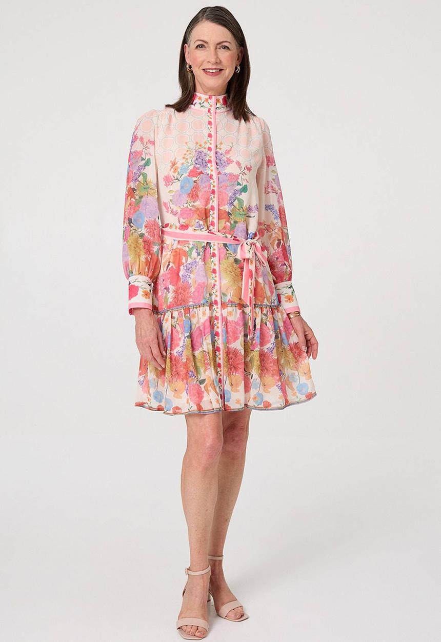 Mandi Womens Long Sleeve Easy Wearing Crepe Chiffon Dress In Multi