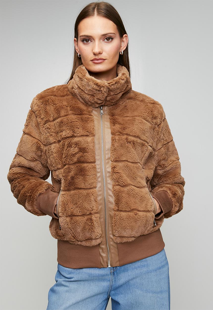 Stella Morgan Womens Zip Through Faux Fur Jacket In Brown