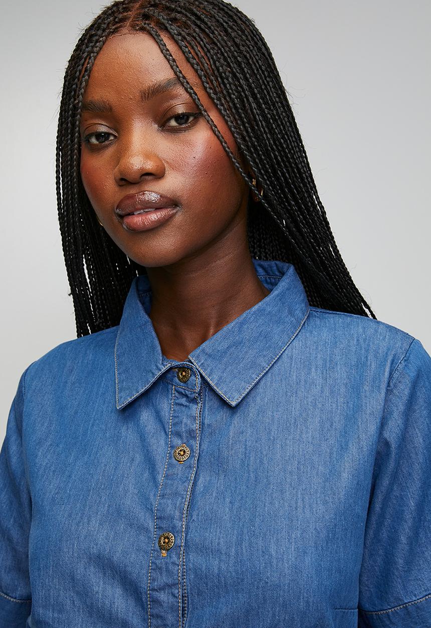 Stella Morgan Womens Half Sleeve Button Through Dress In Mid Wash Denim