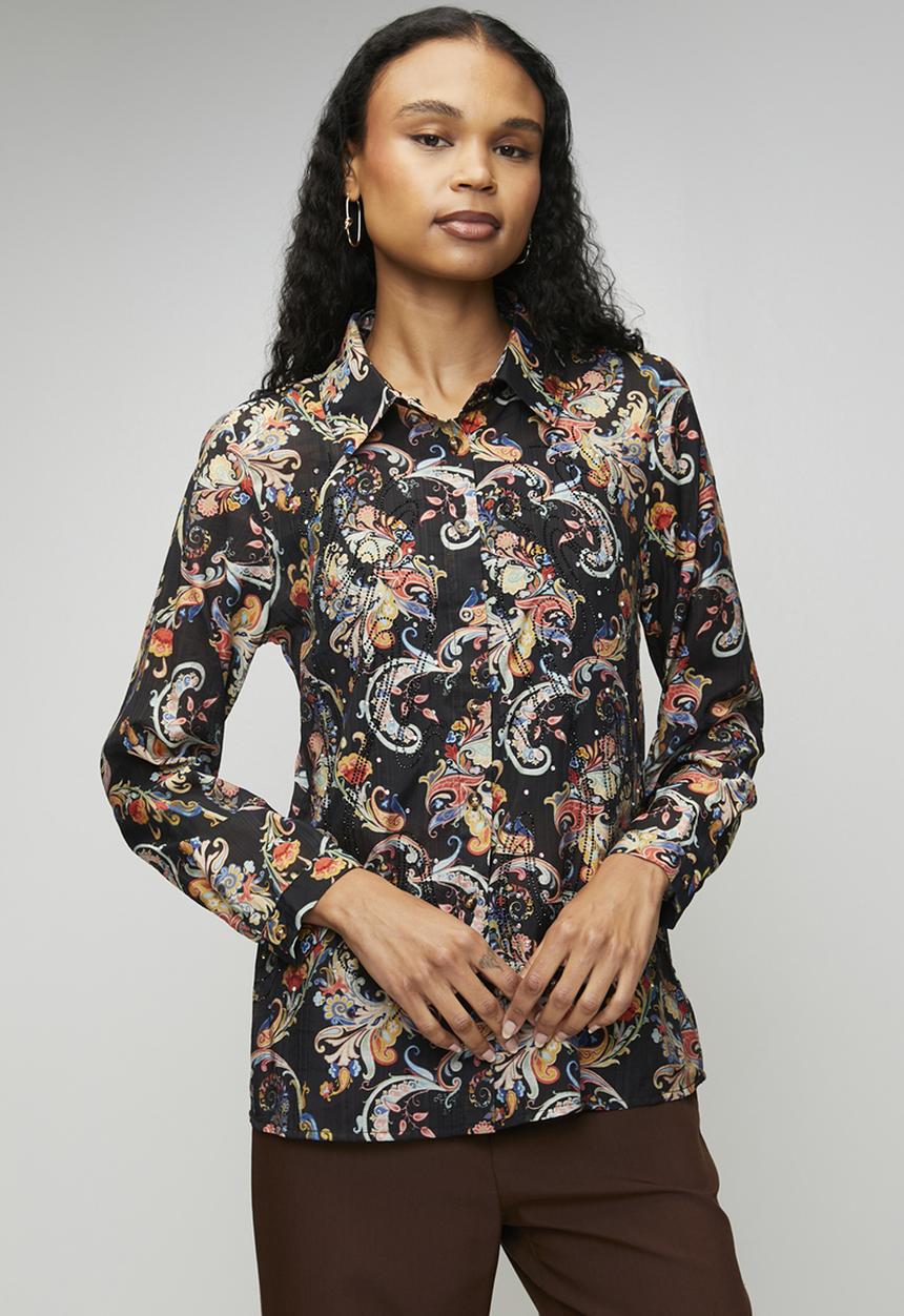 Mandi Womens Long Sleeve Button Through Collared Printed Blouse In Black