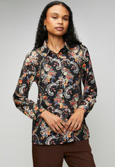 Mandi Womens Long Sleeve Button Through Collared Printed Blouse In Black