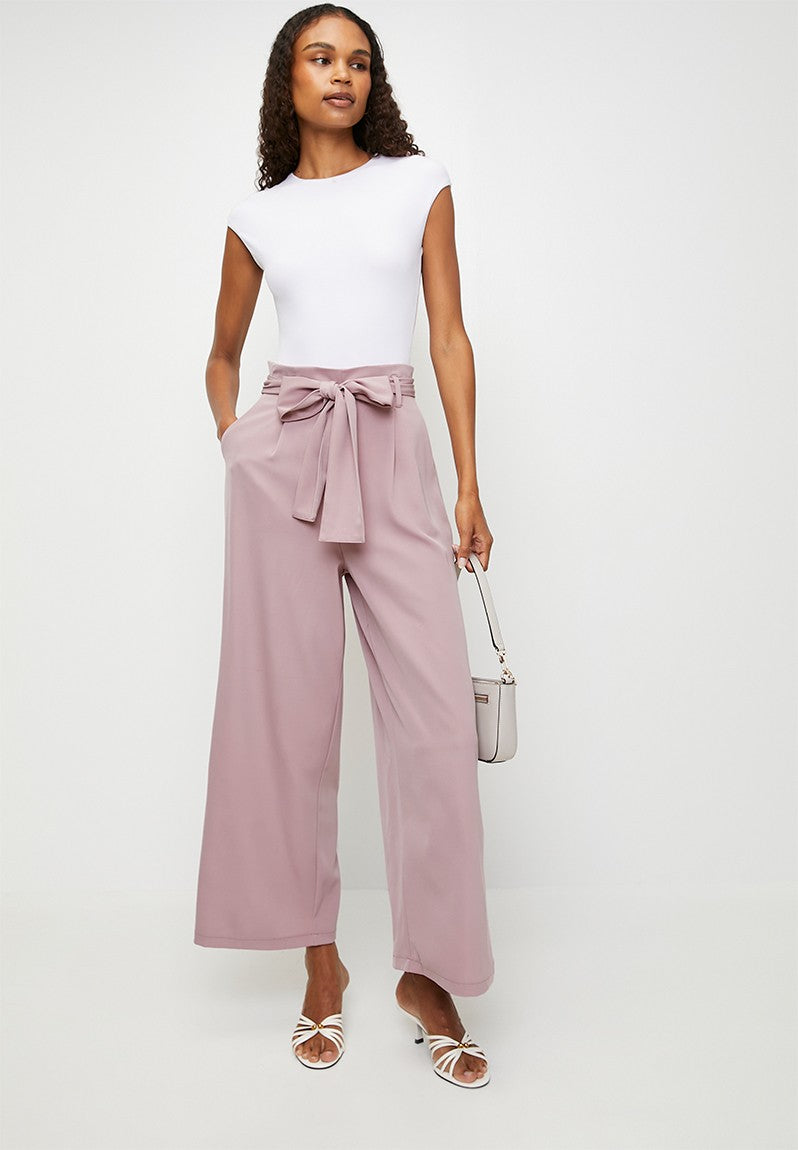 Izabel London High Waisted Elasicated Wide Pants In Dusty Pink