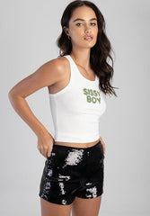 Sissyboy Womens Green Bling Vest with In White