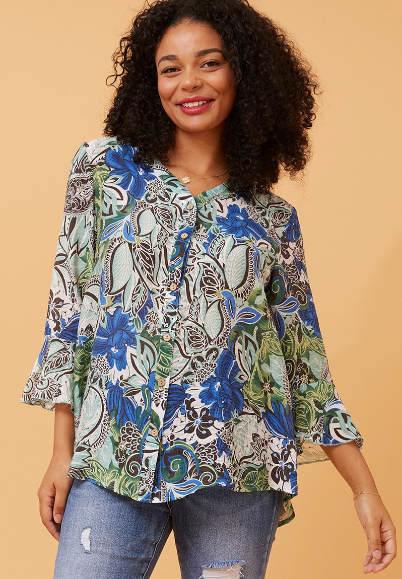 Stella Morgan 3/4 Sleeve Flutter V-Neck Button Through Sheer Blouse In Blue