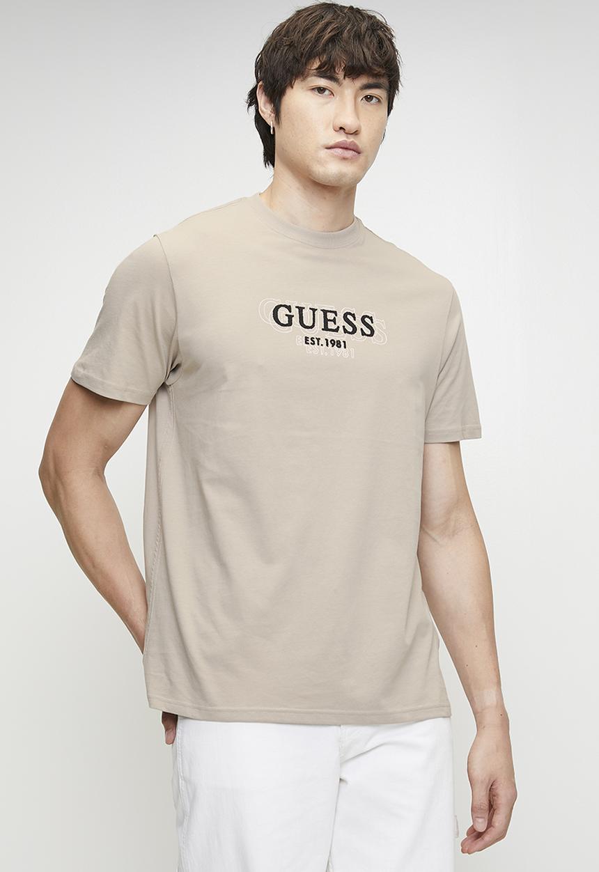 Guess Mens Ss Logo Tee Stone