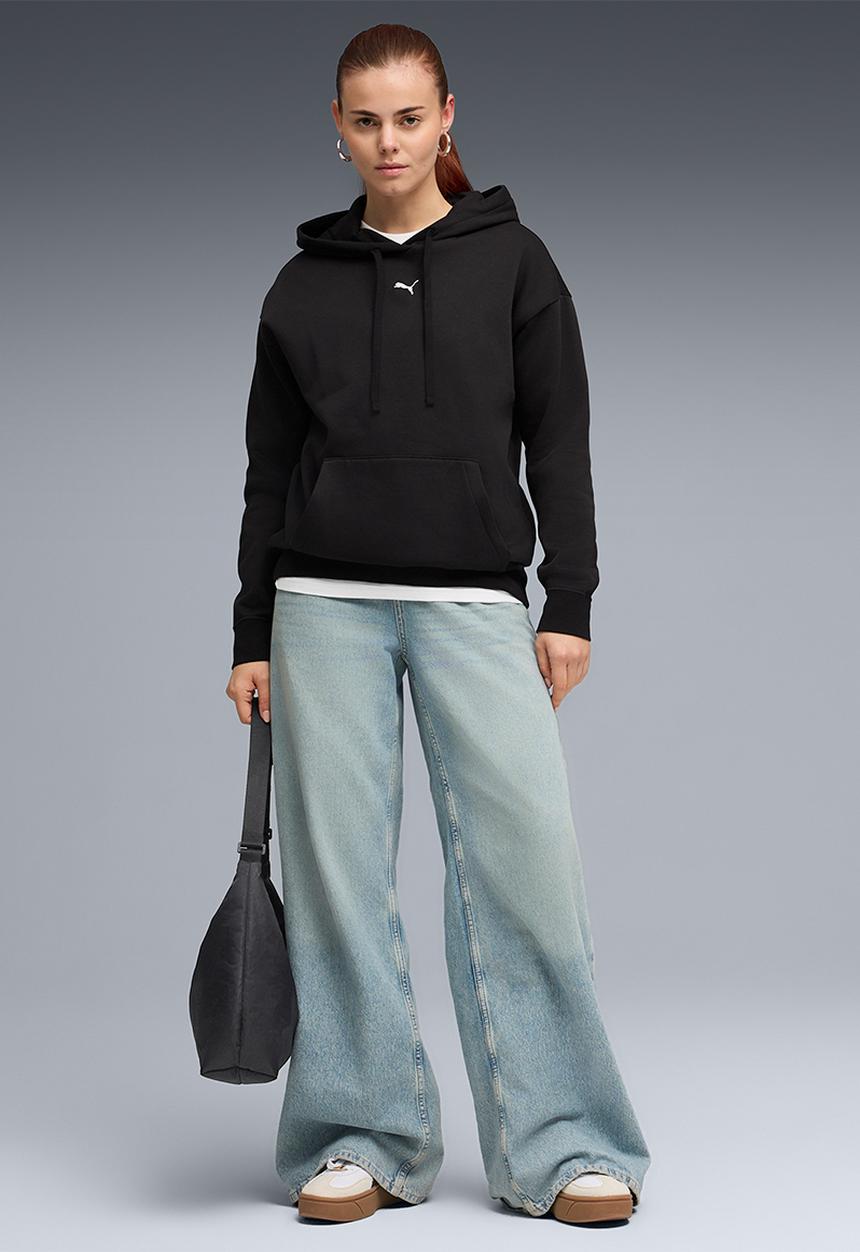 Puma Womens Centered cat Logo Relaxed Hoodie In Black