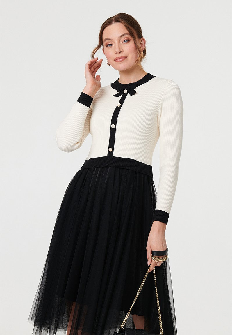 Stella Morgan Long Sleeve Combination Dress With Knitted In Black & White