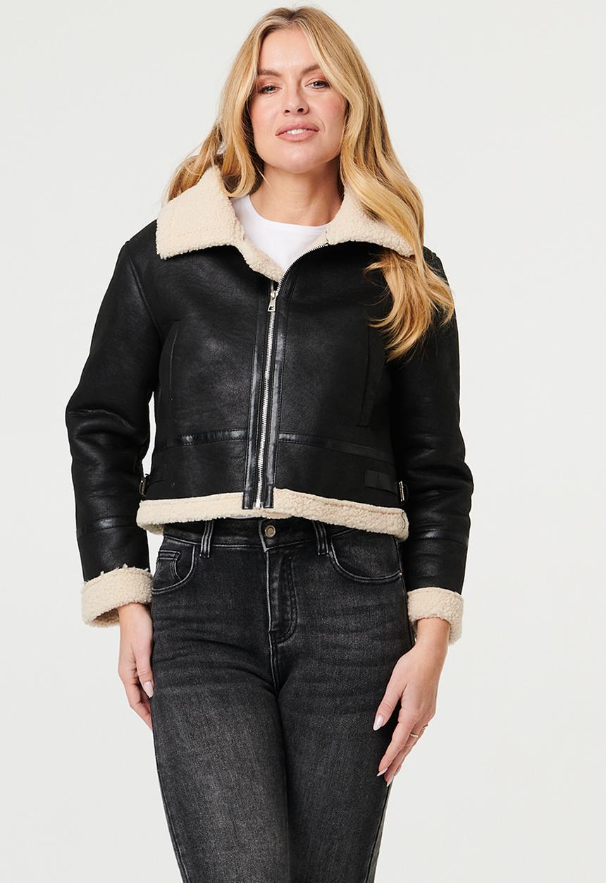 Mandi Womens Long Sleeve Sherpa Cropped Jacket In  Black