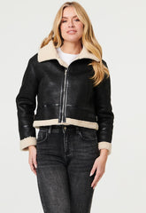Mandi Womens Long Sleeve Sherpa Cropped Jacket In  Black