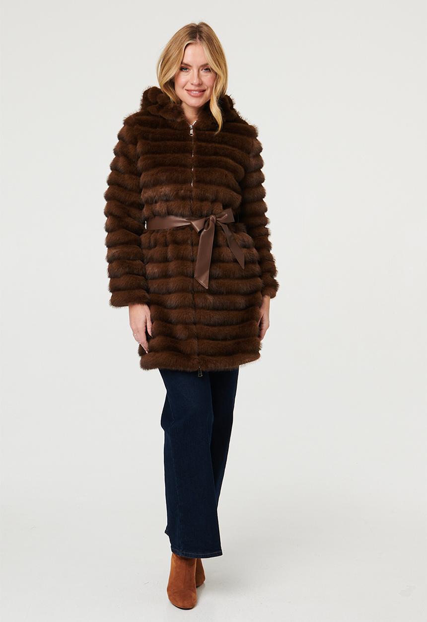 Stella Morgan Womens Faux Fur Hooded Zip Jacket In Brown