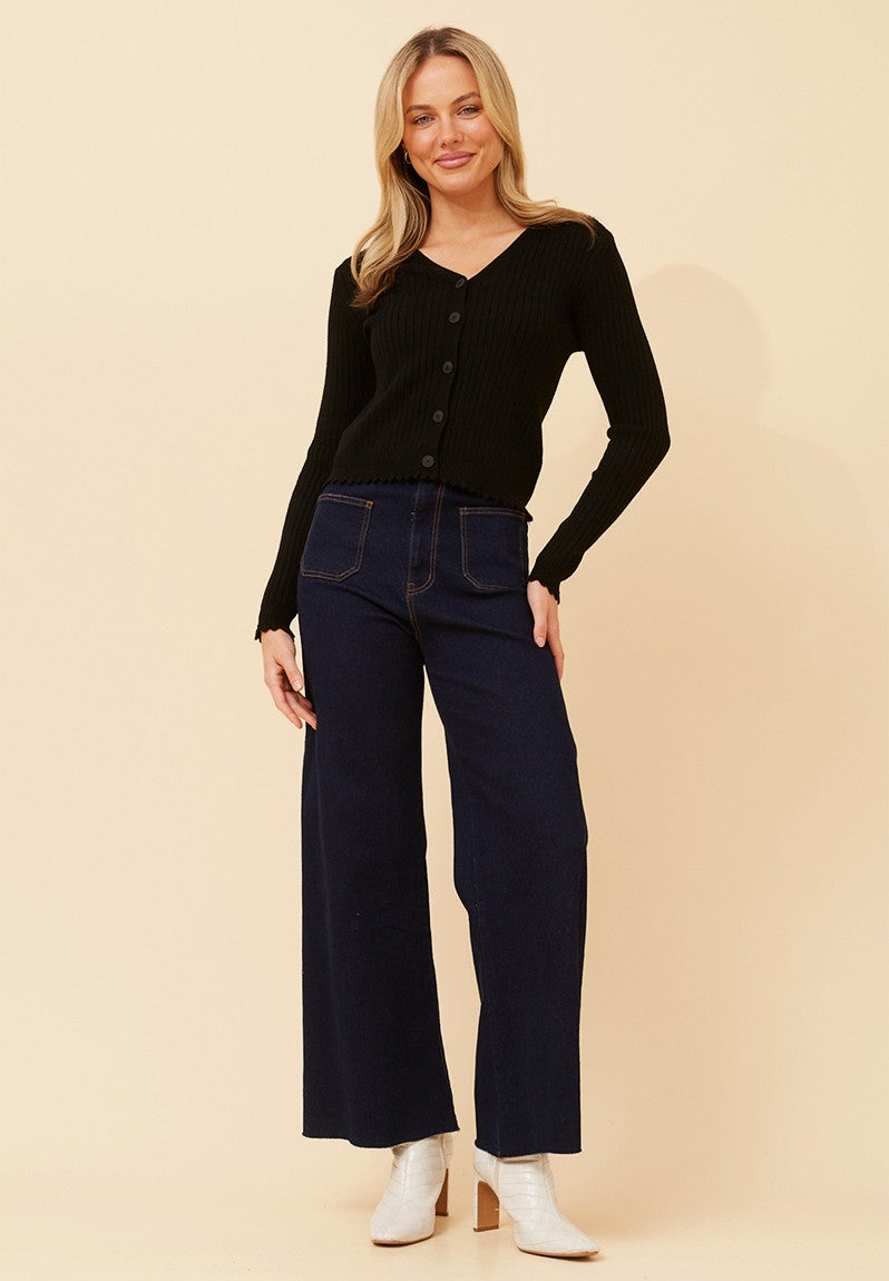 Stella Morgan Long Sleeve Cardigan Round Neck Cropped In Black