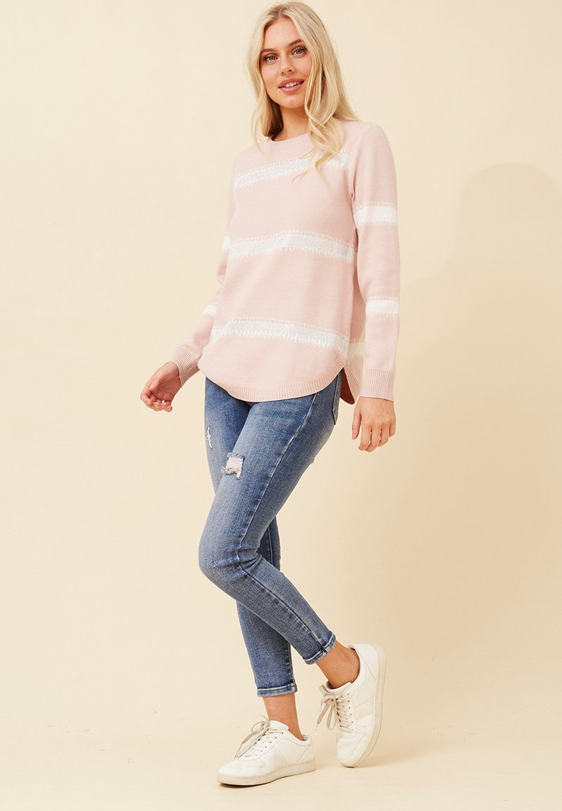 Stella Morgan Long Sleeve Crew Neck Stripe Sweater In Pink