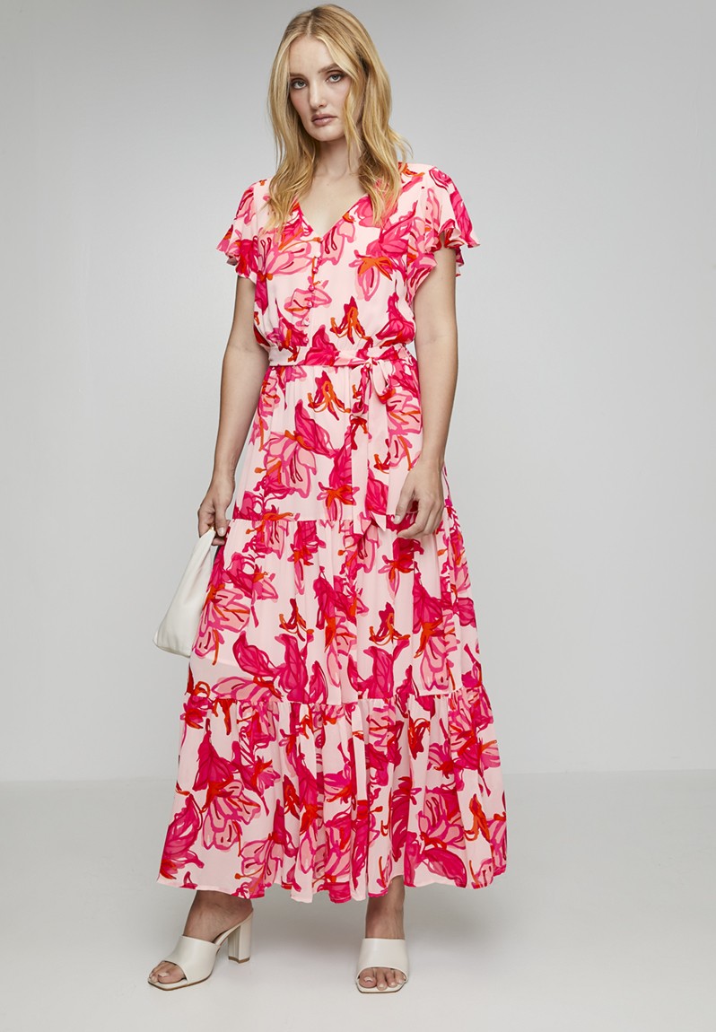Stella Morgan Cap Sleeve V-Neck Maxi Dress In Red Multi
