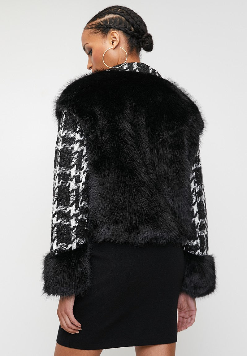 Sissyboy Ladies Houndstooth And Faux Fur Black And White Combi Jacket
