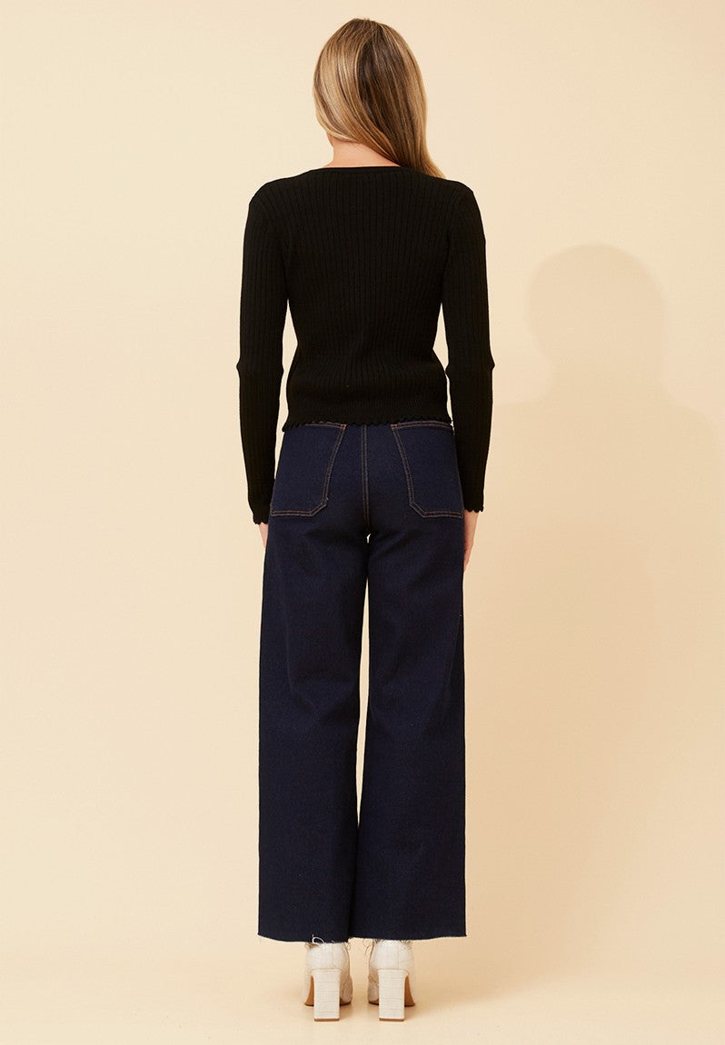 Stella Morgan Long Sleeve Cardigan Round Neck Cropped In Black