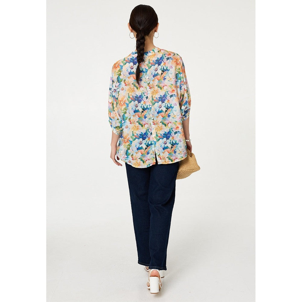 Stella Morgan Half Sleeve Batwing Easy Wearing Printed Sheer Blouse With Back Button Stand Detail In Blue Multi