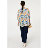 Stella Morgan Half Sleeve Batwing Easy Wearing Printed Sheer Blouse With Back Button Stand Detail In Blue Multi