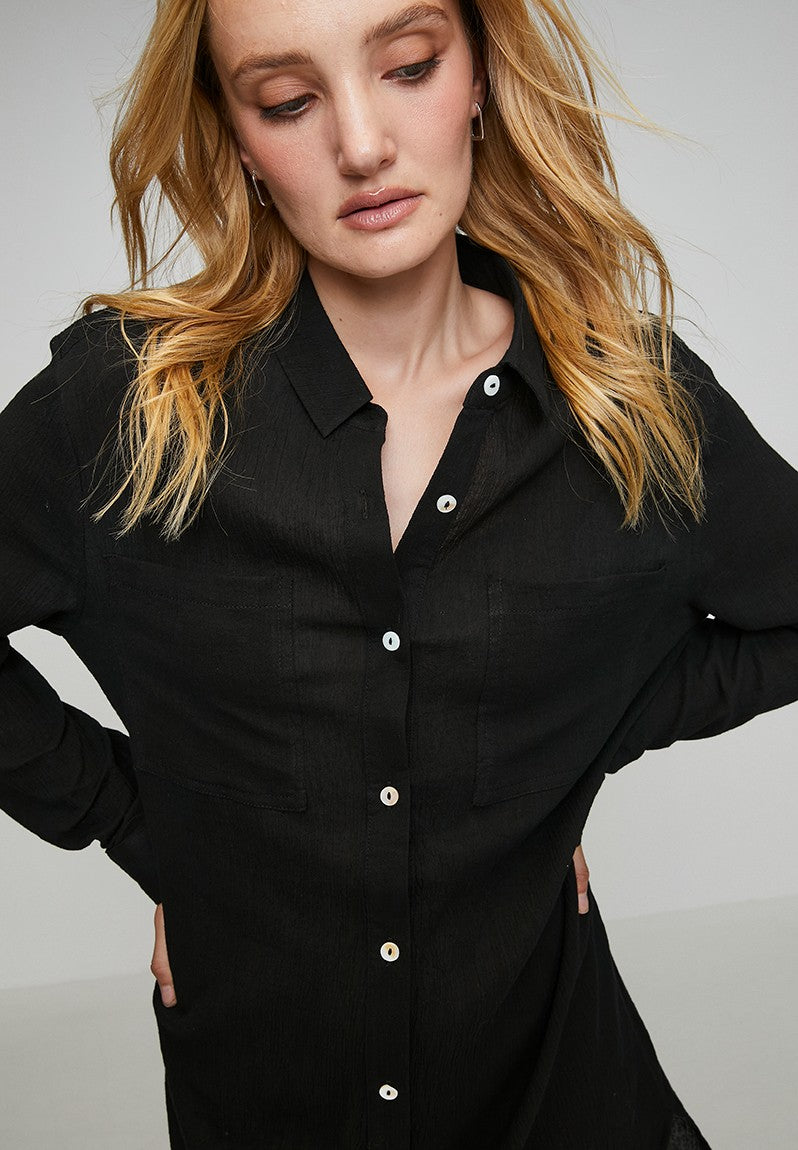 Izabel London Long sleeve Button Through Shirt Dress In Black