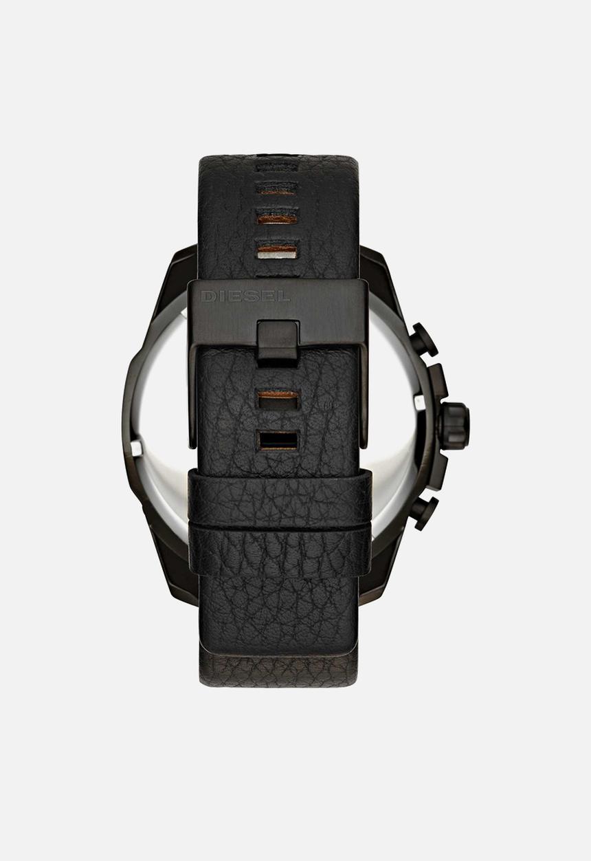 Diesel Mens Mega Chief Black Round Leather Watch