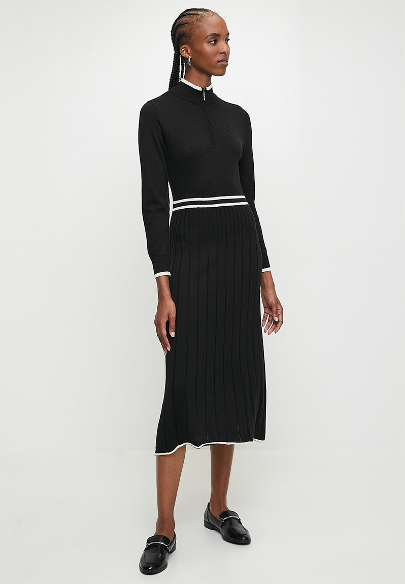 Polo Women Mya Long Sleeve Knit Pleated Black Dress