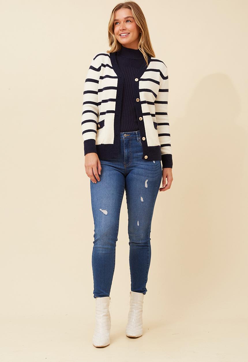 Izabel London Ladies Log Sleeve V-Neck Stripe Jersey In Ivory