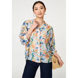 Stella Morgan Half Sleeve Batwing Easy Wearing Printed Sheer Blouse With Back Button Stand Detail In Blue Multi