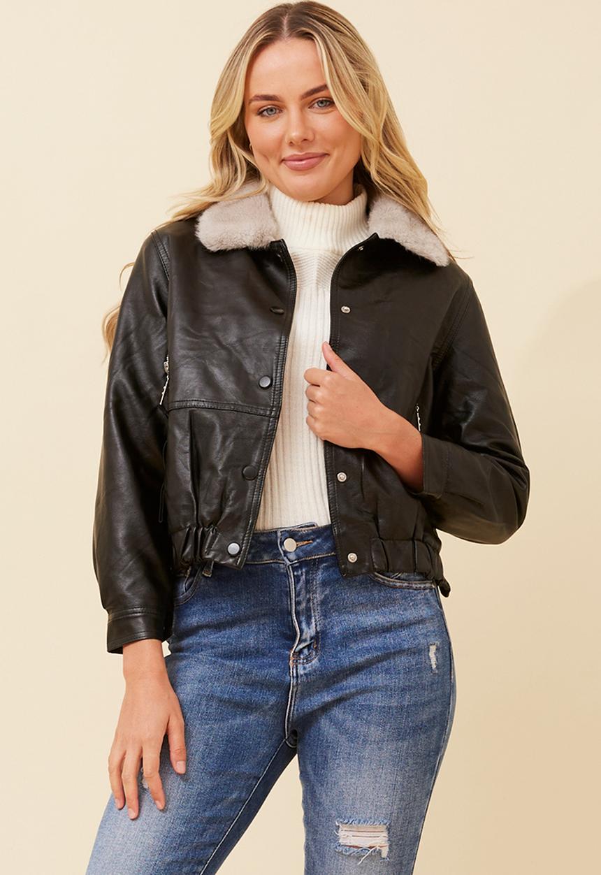 Mandi Womens Zip Bomber Aviator Jacket In Black
