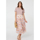 Stella Morgan Elasticated Multi Tiered Printed Mesh Midi Skirt In Cream Multi