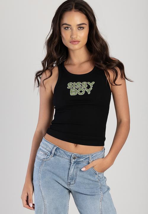 Sissyboy Womens Green Bling Vest with In Black
