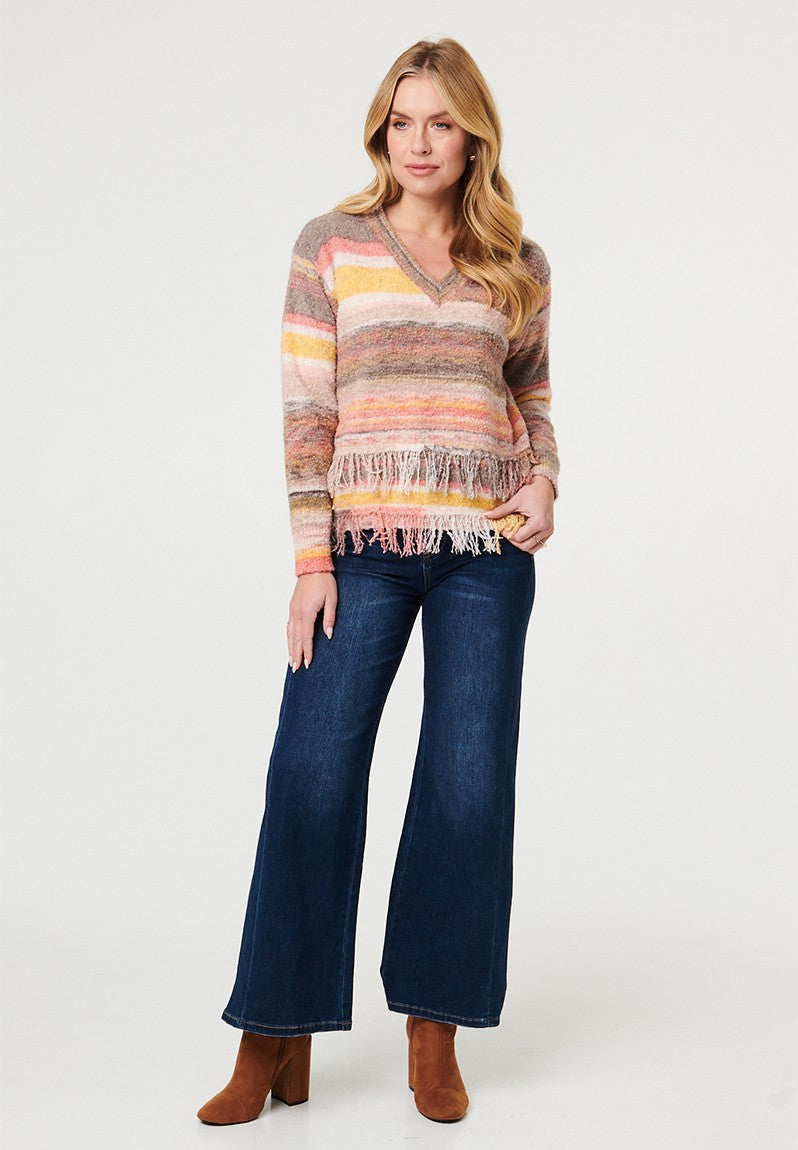 Mandi Long Sleeve V-Neck Ombre Effect Sweater With Fray In Multi