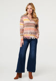 Mandi Long Sleeve V-Neck Ombre Effect Sweater With Fray In Multi